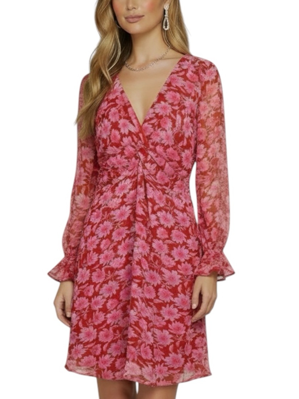 JULIA JORDAN Red Floral Chiffon Twisted Front V-Neck Long-Sleeve Dress Size 4